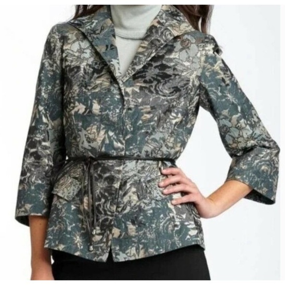 Lafayette 148 Helena Jacket Women‎ 10 Green Floral Jacquard 3/4 Sleeve Blazer